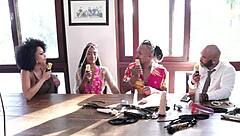 Teen 18+ Brazilian in sheer red with black couple.