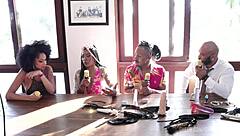 Teen 18+ Brazilian in sheer red with black couple.