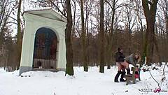an old german guy seduces a curvy teen in nylon stockings to have sex outdoors in the snow