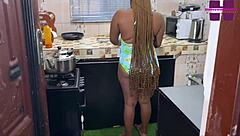 chubby ebony woman gets doggystyle sex in kitchen before cooking hot meal
