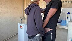 accidental blowjob with neighbour turns into deepthroat in laundry room, cum in mouth.