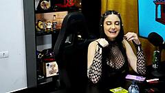 Victoria camargo on all fours on podcast table with hairy pussy close up