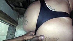 Ebony amateur fucks bareback monster cock in sauna. Ass gaping with lover.