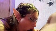 Halloween elf girlfriend loves deepthroating black cock with her friend