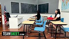 Risky Teacher Teases Two Asian Students In Classroom Scissoring