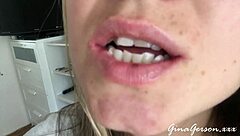 Young blonde amateur performs tongue saliva throat fetish