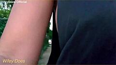Wife flashes her big tits on the street for me.
