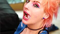 Naughty Uniformed Brunette Ellie Milks Cock at Milking Table in Uncensored Bisexual Scene