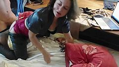 french amateur gets doggystyle fucked in satin lingerie with blowjob and rimjob