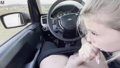 Beautiful slut deepthroats cock in car, clothes ripped, covered in cum