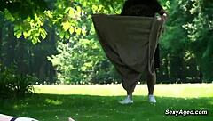 Old man meets sexy blonde in public park for fucking with oral and moaning.