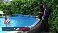 Curvy blonde babe enjoys anal sex around the pool with handjob and licking