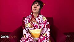 Chiharu in kimono gives uncensored blowjob, then gets fucked hard in JAV