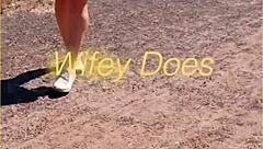 MILF Lifts Skirt to Show Shaved Pussy Outdoors