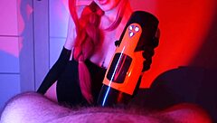 Pretty brunette teen uses sex toy on him then gives blowjob