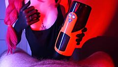 Pretty brunette teen uses sex toy on him then gives blowjob