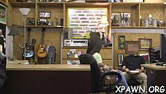 Lustful beauty gets rough blowjob in the shop