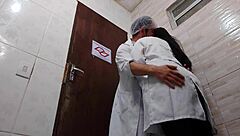 Nurse removes condom and fucks Asian doctor bareback in hospital bathroom!