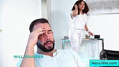 Ebony masseuse gives wet Nuru massage to Willow Ryder