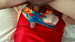 French amateur in satin lingerie performs deepthroat and spanking session.