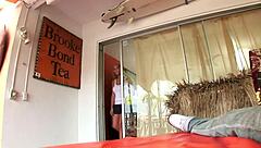 Cute blonde Laura Love gives POV handjob in fishnets