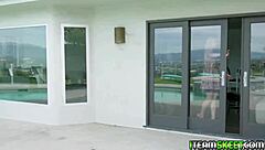 Blonde teen in outdoor scene with sideways fucking