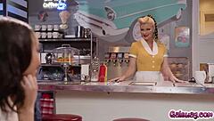 Waitress Serene Siren Wanting To Go Further With Customer Alexis Tae And Starts Kissing Her While Dancing