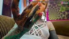 Tattoo Girl's Anal Solo with XL Dildo in Fishnets!