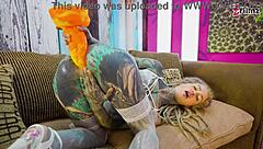 Tattoo Girl's Anal Solo with XL Dildo in Fishnets!