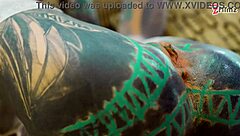 Tattoo Girl's Anal Solo with XL Dildo in Fishnets!