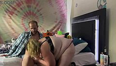 The hot bbw girl with big tits sucks and deepthroats the big cock for a blowjob