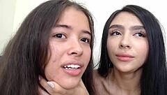 Girls lick cock and taste tongues sharing saliva