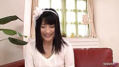 Petite Asian Teen Gets First Anal Fingering with Dildo, Cum in Mouth