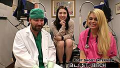 Mina Moon, the shaved pussy nurse in gloves, sucks dick backstage. She spreads legs for missionary fucking twice in hospital close up.