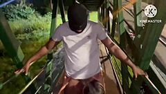 wife enjoys wild action with a fan on the light rail