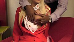 Air Hostess Candee Licious Swallows Cum in Interracial Bareback Encounter