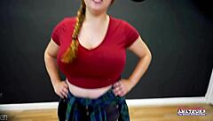 Busty blue-eyed hottie Gwen contrasts fat curves with intense banging and cum swallowing