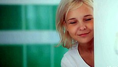 Innocent blonde teen tempted to finger shaved pussy until wet orgasm solo.