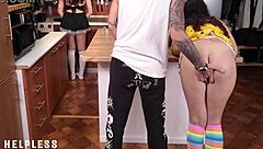 Hey, the maid can't resist masturbating while watching daddy rip my clothes and fuck me hard in the kitchen cowgirl style! 😏🍆💦