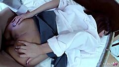 Skinny Japanese teen in uniform gets picked up by older guy for uncensored POV creampie fuck in casting