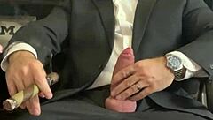 Jason collins lights up cigar while stroking his tattooed boner hard