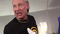 Busty brunette in stockings gets shaved pussy fucked doggystyle and cowgirl in MMF threesome on sofa