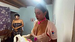 Doctor leads threesome extracting semen from patient while busty assistant masturbates in hospital setting.