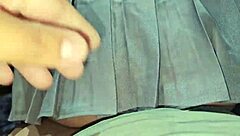 Curious stepsister bends over in her skirt, spotting my hard cock while I stroke it close up