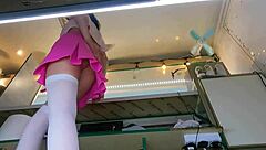 i feel so excited watching the boss tease his sexy shop assistant's wet shaved pussy outdoors while she chats with the customer