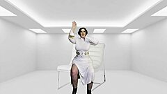 Granny in Princess Leia costume deepthroats and licks Darth's cock passionately.