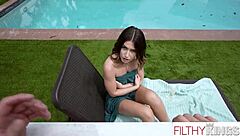 Petite brunette rides cowgirl pleading for amateur anal assfucking