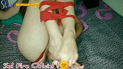 Oiled Redhead Brazilian Beauty Tied Up in Bedroom, Teasing with Lingerie and Feet While Masturbating Solo with Ass Plug