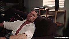 Seductive babe Whitney Wright charms an older guy into hardcore fucking with blowjob and cumshot for quick cash