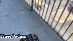 Suggestive Tinee Badass Delivers Balcony Rimjob Before Intense Public Pounding.